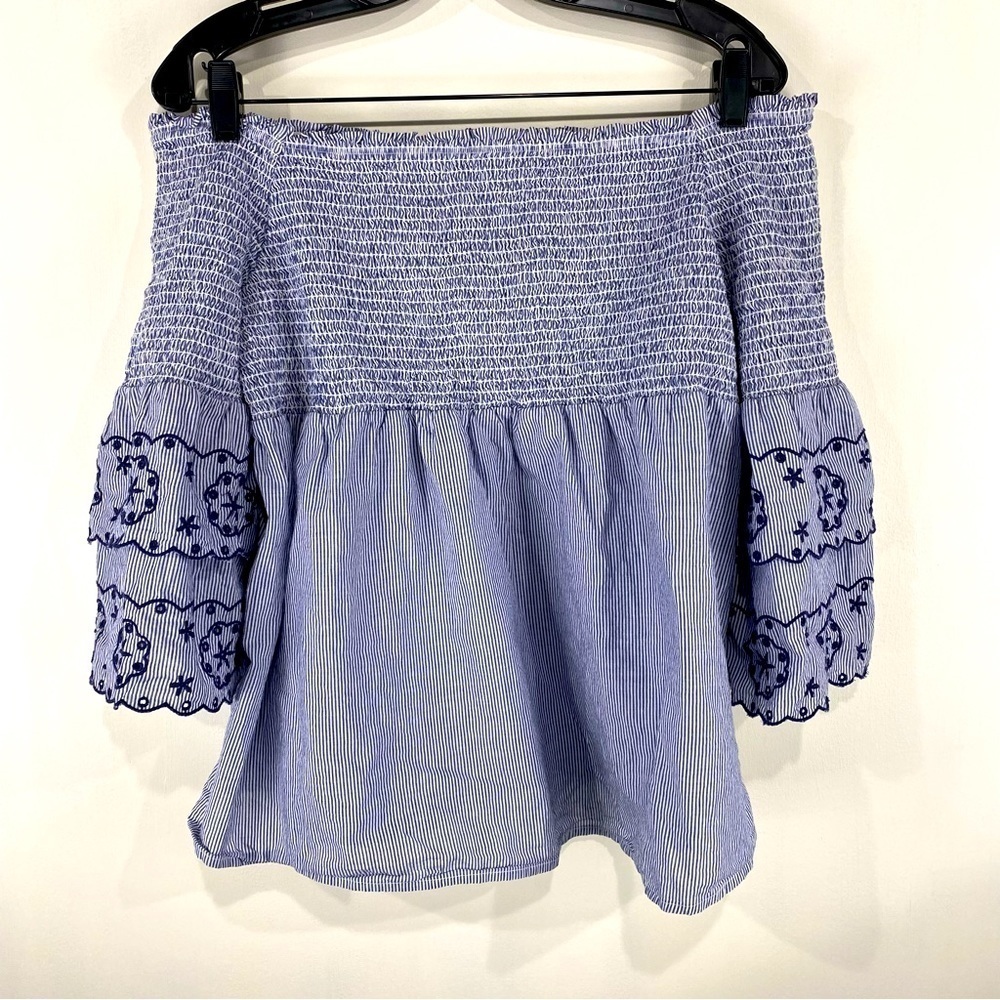 BeachLunchLounge Striped‎ Smocked Eyelet Ruffle Sleeve Shirt Top Blouse Large